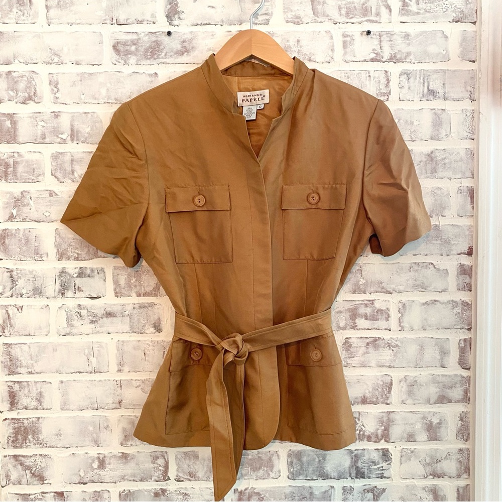 Adrianna Papéll • Vintage • 100% Silk Blouse • Chic Belted Safari Top • Size 12